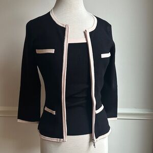 Inc silk Sweater set w/ cami black pink trim, chic zipper front Medium EUC